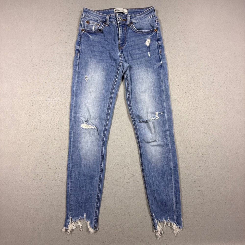 Zara Womens‎ Blue Distressed Skinny Jeans Frayed Raw Hem Size 2